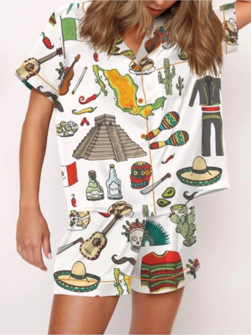 #8 Women's White Mexican Print Short Pajama Set